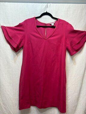 Tommy Bahama Fuchsia Pink Lanailette Flutter Sleeve V-Neck Shift Dress Medium